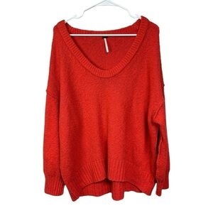 Free People Orange V Neck Oversized Knit Sweater Small